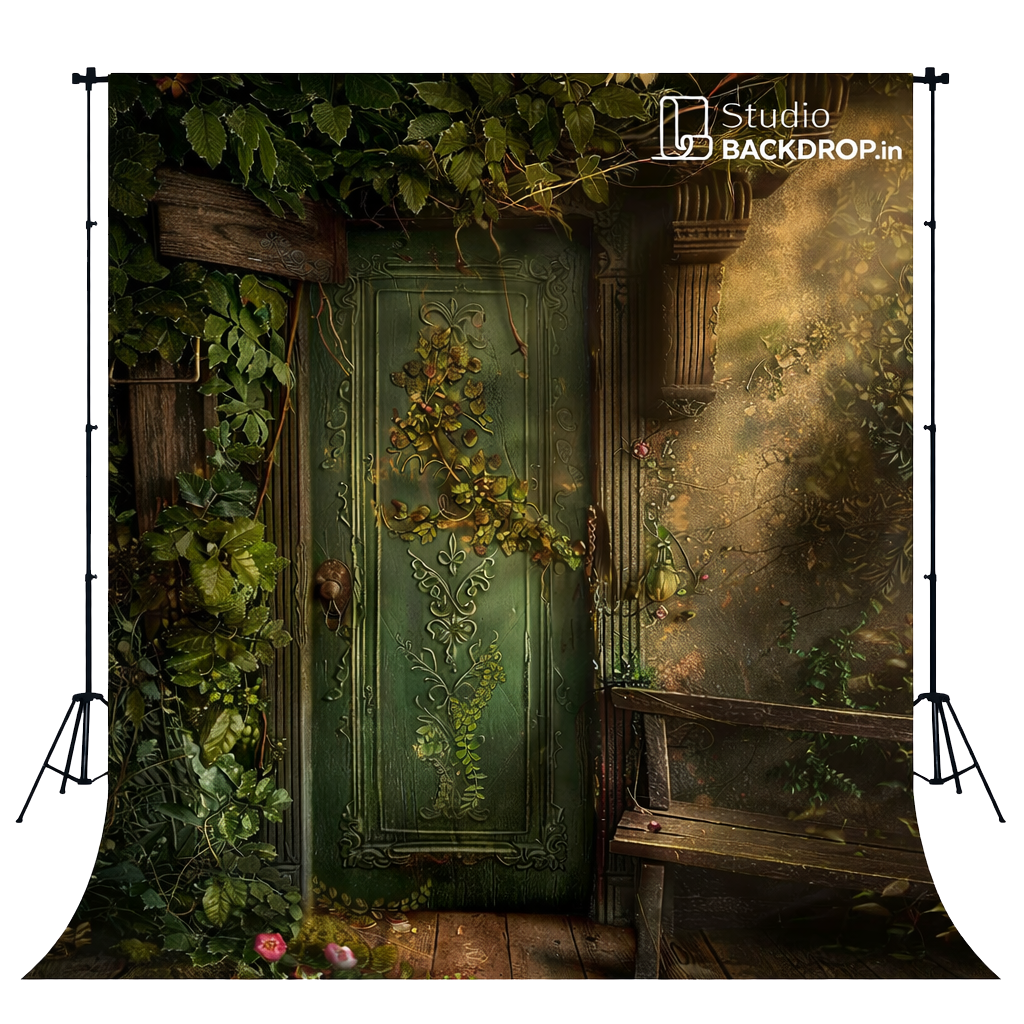Enchanted Forest Door Backdrop – Vintage Green Floral Fantasy Photography Background