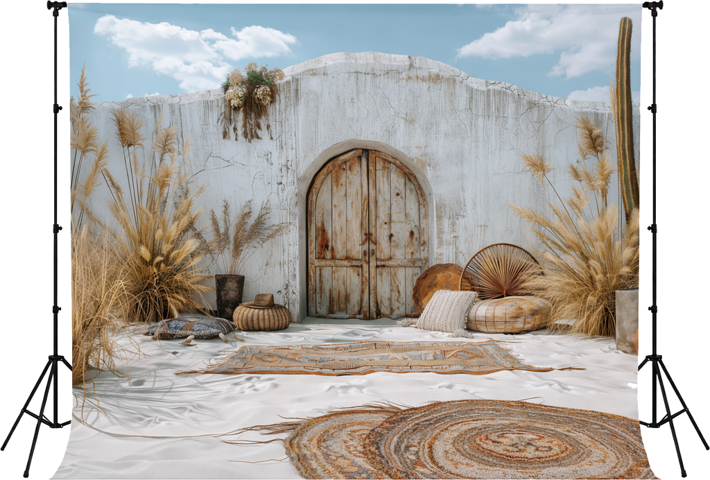 Boho Desert Door Photography Backdrop with Pampas Grass | Aesthetic Rustic Studio Background