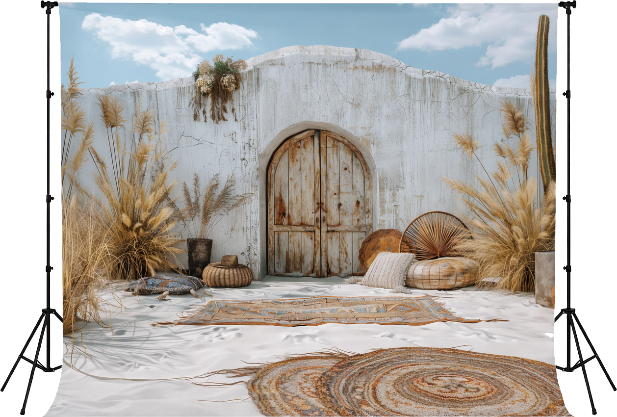Boho Desert Door Photography Backdrop with Pampas Grass | Aesthetic Rustic Studio Background