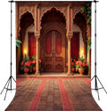 “Royal Mughal Palace Entrance Backdrop – Vintage Door Floral Wedding & Studio Photography Background”