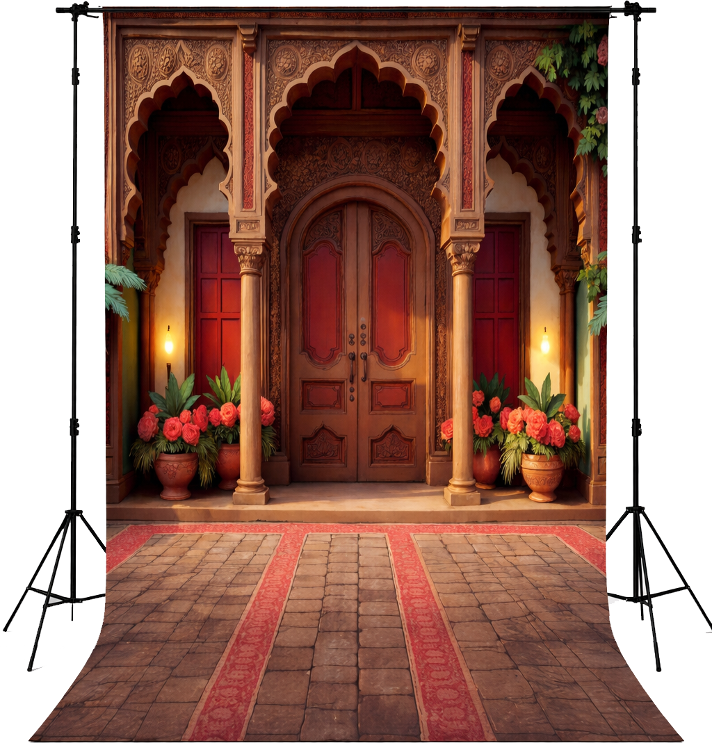 “Royal Mughal Palace Entrance Backdrop – Vintage Door Floral Wedding & Studio Photography Background”