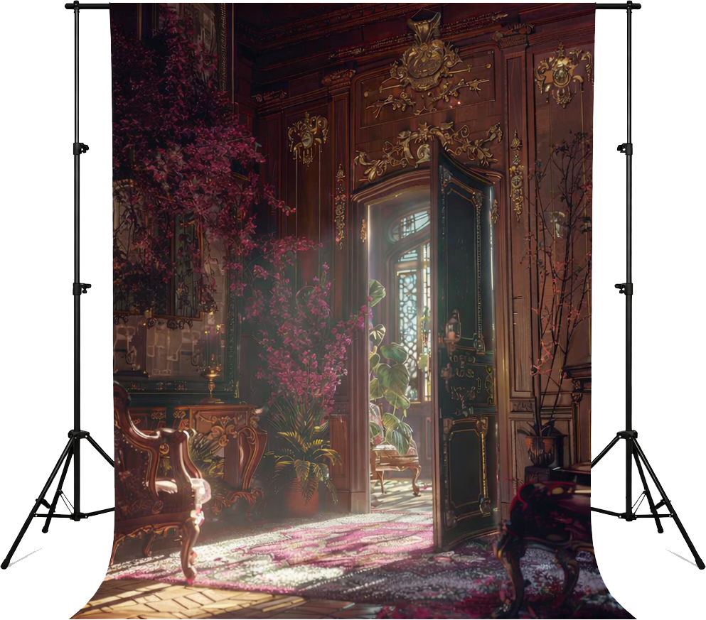 Vintage Victorian Mansion Interior with Gilded Ornaments Backdrop