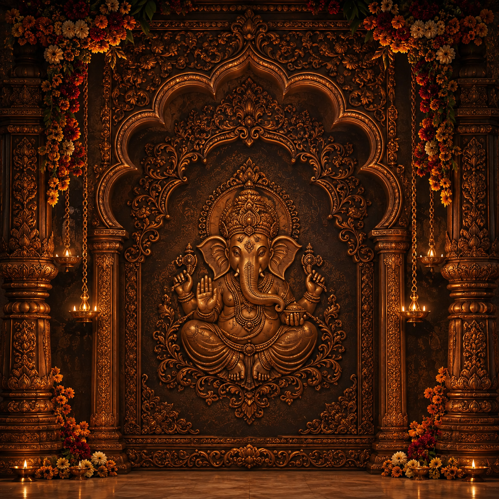 Majestic Bronze Lord Ganesha Temple Photography Backdrop