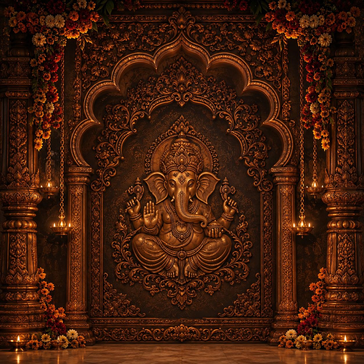 Majestic Bronze Lord Ganesha Temple Photography Backdrop