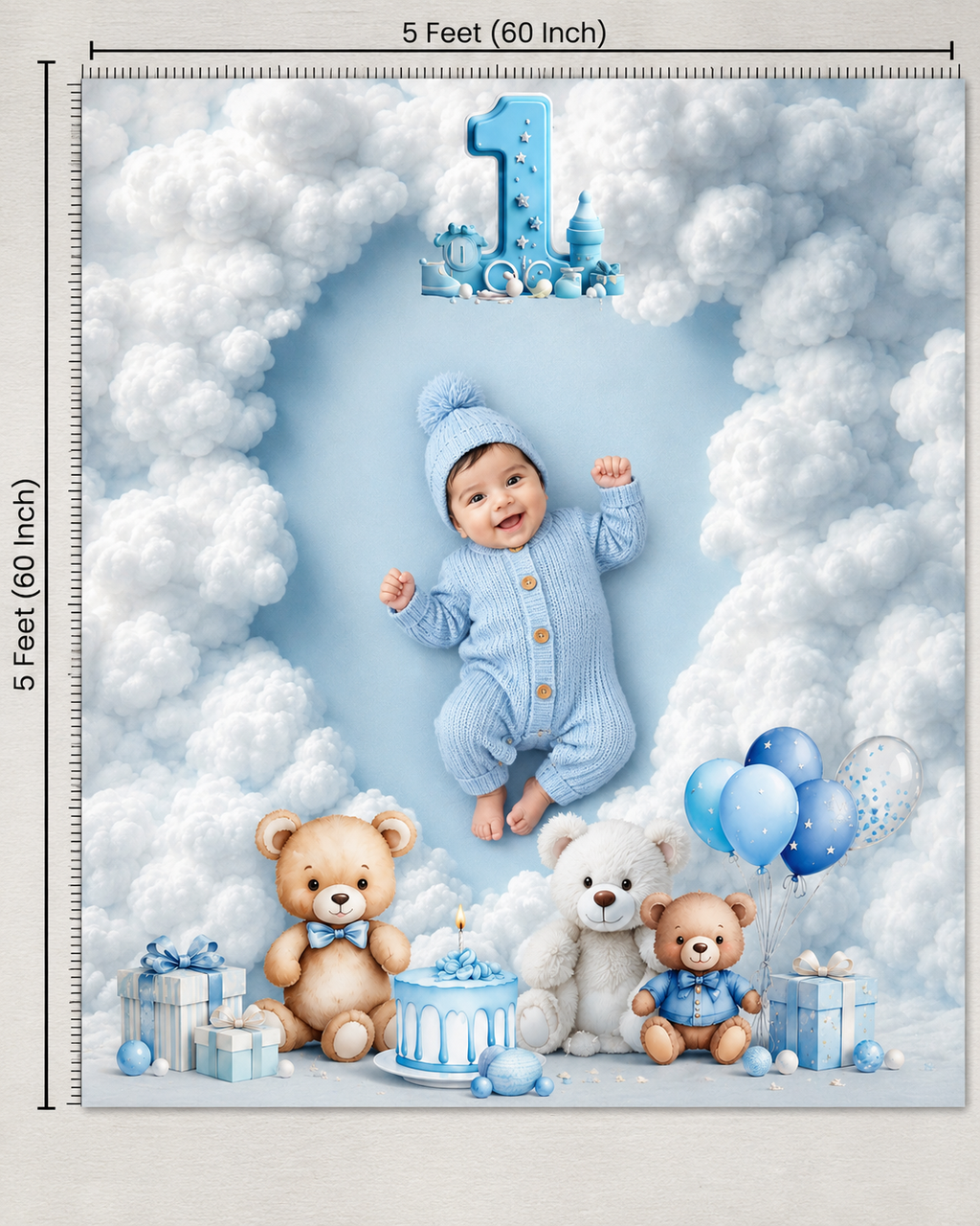 Blue Teddy Bear 1st Birthday Photography Backdrop