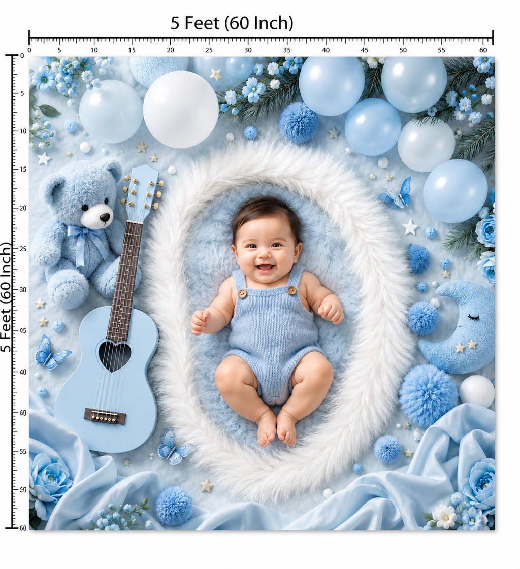 Luxury Blue Teddy & Guitar Newborn Baby Photography Backdrop