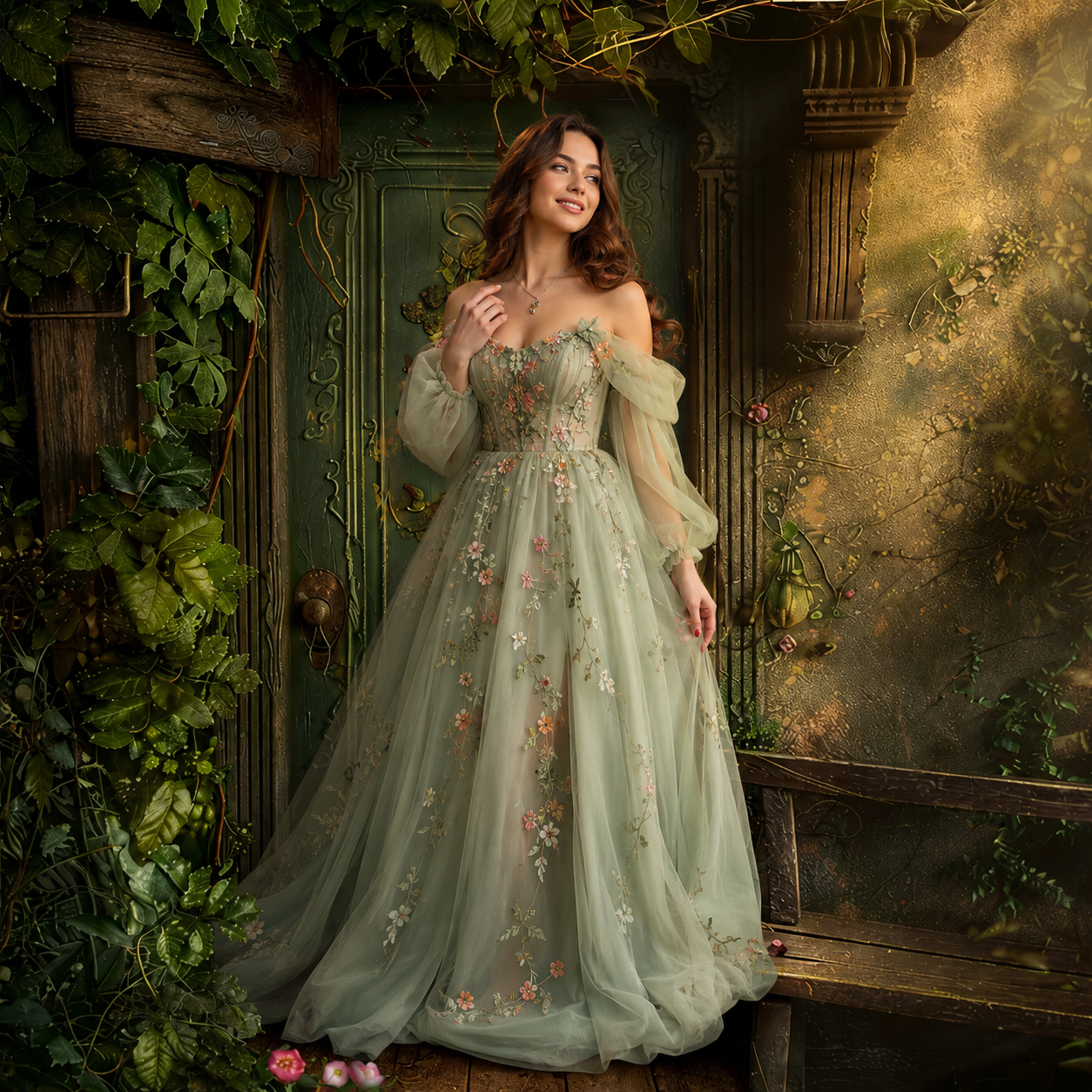 Enchanted Forest Door Backdrop – Vintage Green Floral Fantasy Photography Background