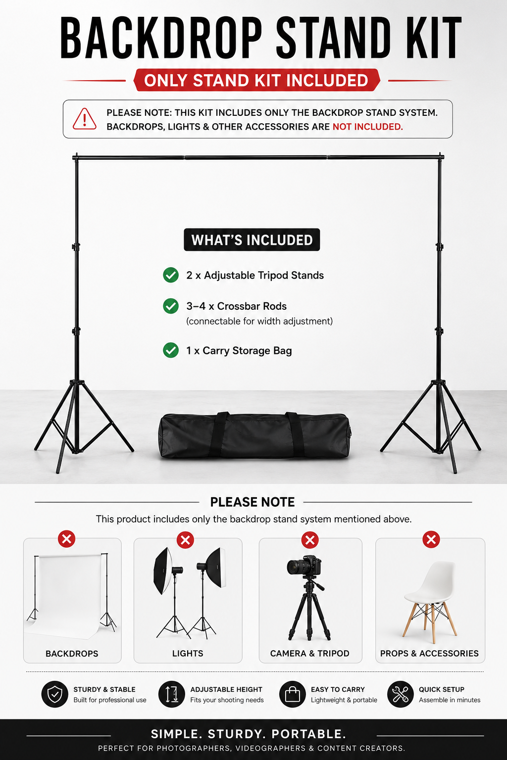 Heavy-Duty Photography Backdrop Stand Kit with Carry Case