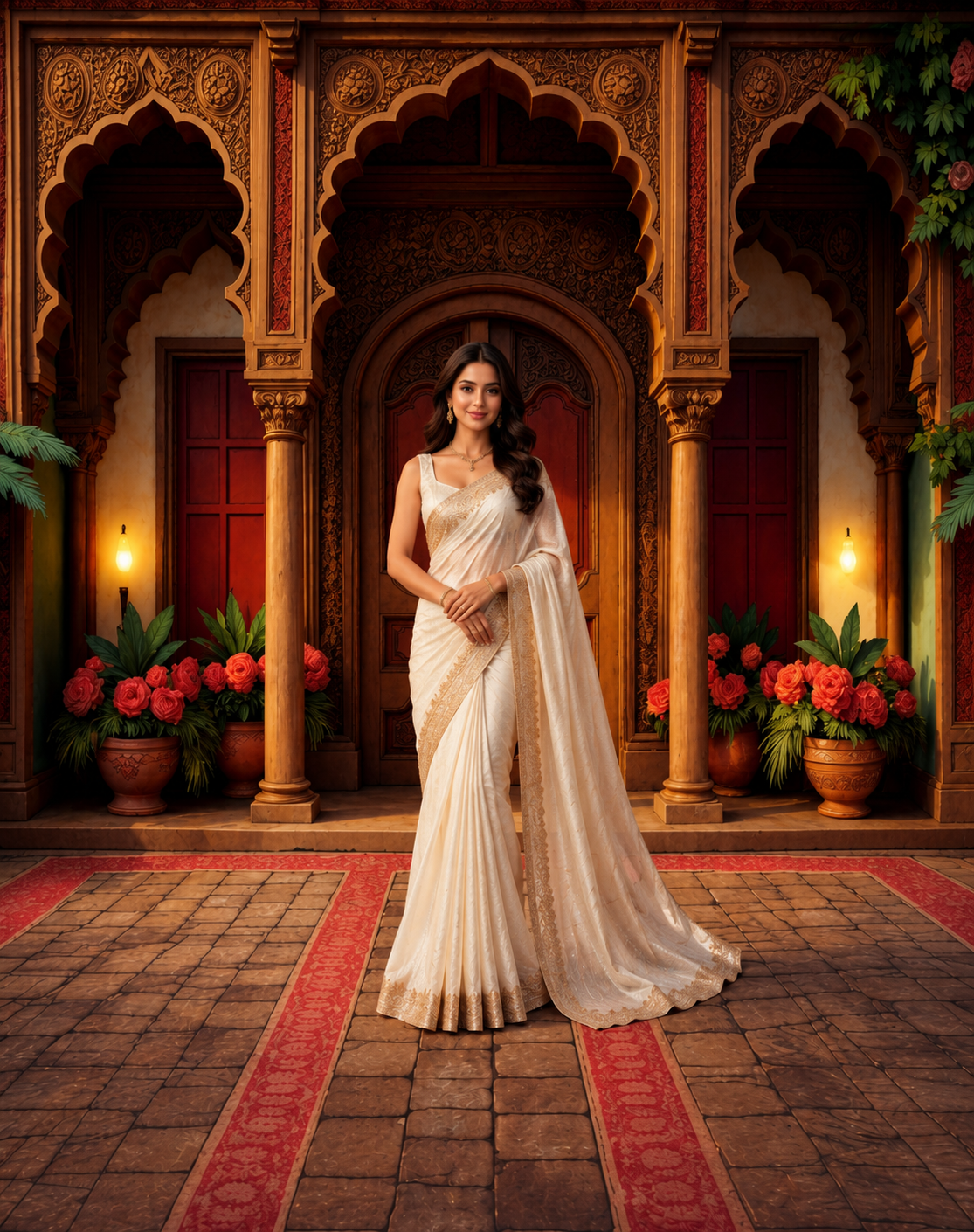 “Royal Mughal Palace Entrance Backdrop – Vintage Door Floral Wedding & Studio Photography Background”